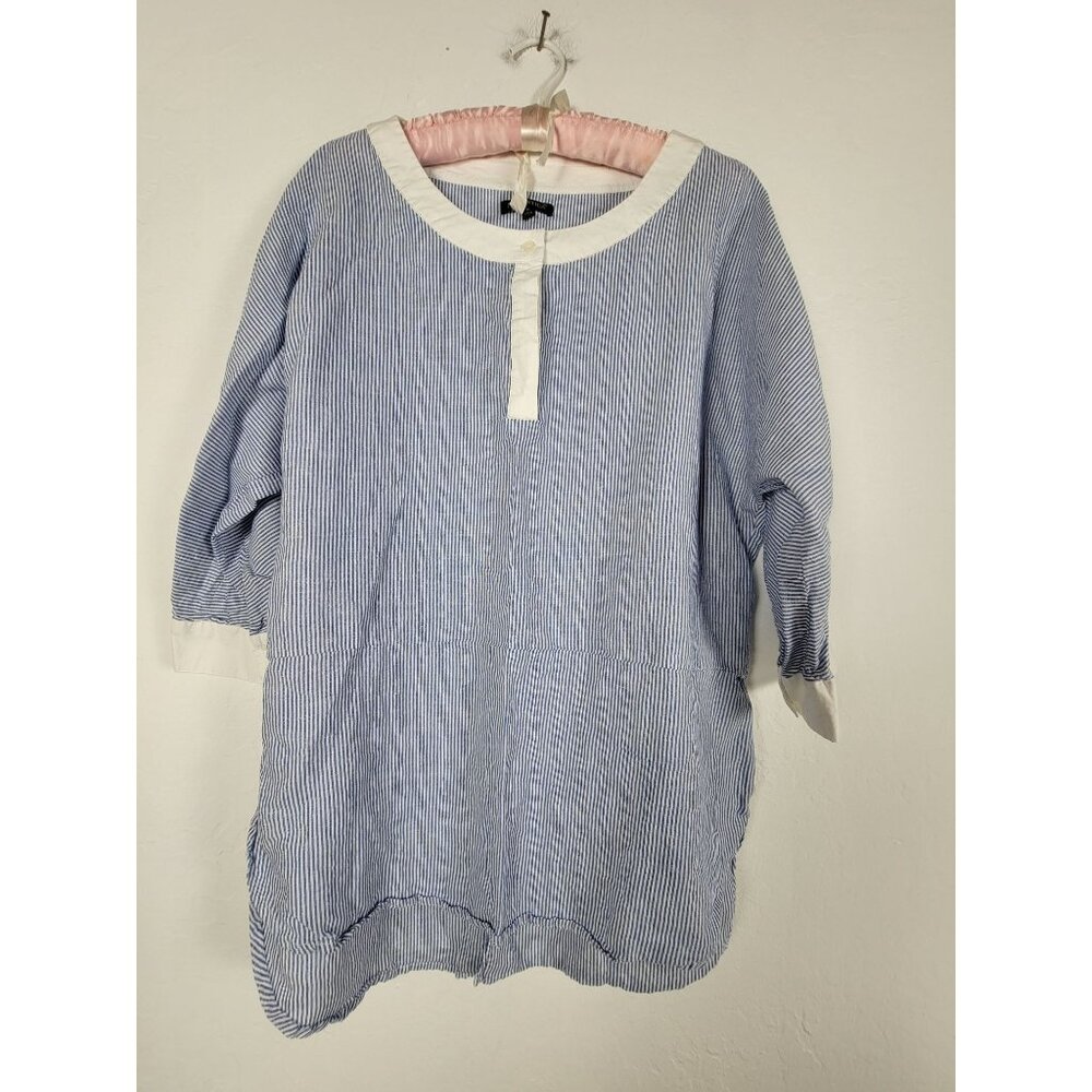 For Cynthia Women Blue White Striped Linen-Cotton Tunic Top XL Hi-Low 3/4 Sleeve
